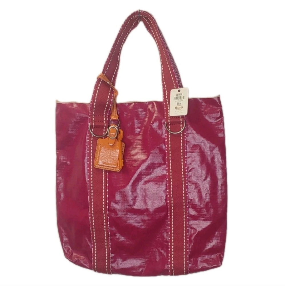 Key Per Fossil Coated Canvas Tote Magenta Pink Key Charm Luggage Tag Sz Lg Nwt